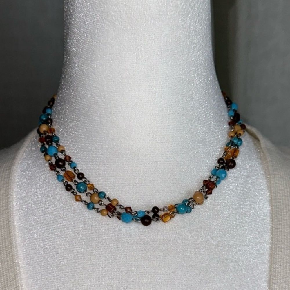 Claire’s Tan Blue Brown Silver Tone Triple Strand Necklace